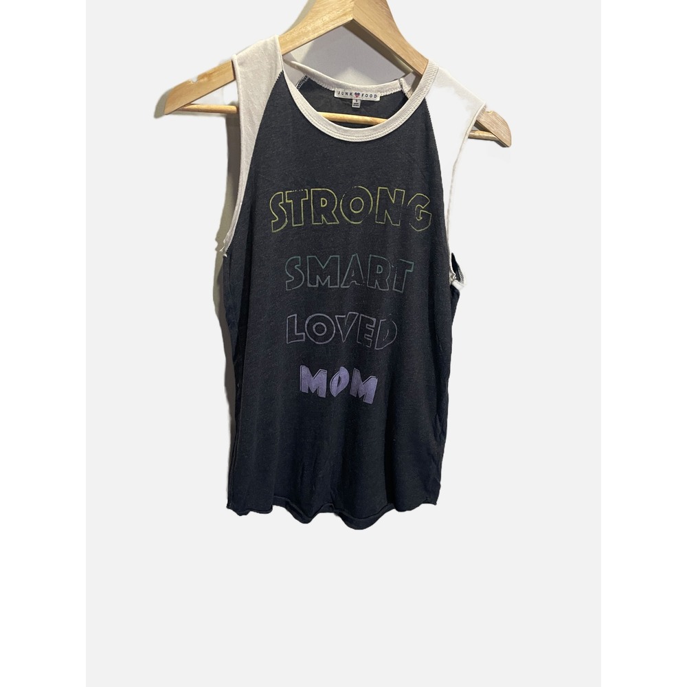 Junk Food Muscle Tank Womens S Grey Strong Smart Loved Mom Graphic Casual USA